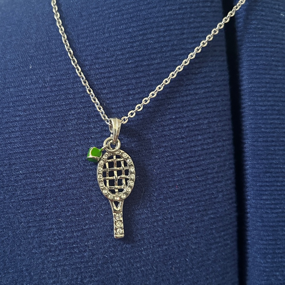 Silver toned metal  Tennis Racket Pendant Necklace